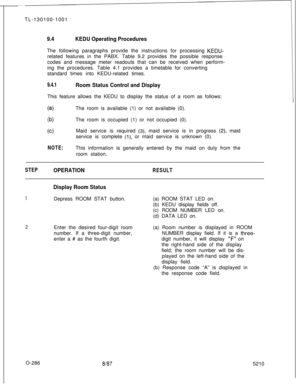 Page 290TL-130100-10019.4KEDU Operating ProceduresThe following paragraphs provide the instructions for processing 
KEDU-related features in the PABX. Table 9.2 provides the possible response
codes and message meter readouts that can be received when perform-
ing the procedures. Table 4.1 provides a timetable for converting
standard times into KEDU-related times.
9.4.1Room Status Control and DisplayThis feature allows the KEDU to display the status of a room as follows:
(4The room is available (1) or not...