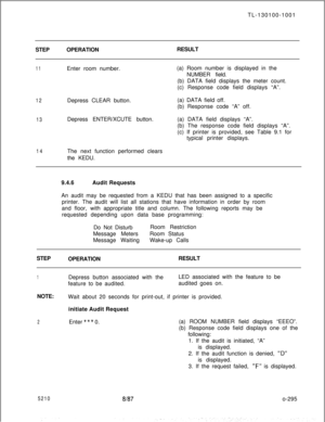 Page 299TL-130100-1001
STEPOPERATIONRESULT11Enter room number.(a) Room number is displayed in the
NUMBER field.
(b) DATA field displays the meter count.
(c) Response code field displays “A”.
12Depress CLEAR button.(a) DATA field off.
(b) Response code “A” off.
13Depress ENTER/XCUTE button.(a) DATA field displays “A”.
(b) The response code field displays “A”.
(c) If printer is provided, see Table 9.1 for
typical printer displays.
14The next function performed clears
the KEDU.
9.4.6Audit Requests
An audit may be...