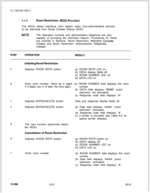 Page 302TL-130100-10011
9.4.8Room Restriction, KEDU-ProvidedThe KEDU allows individual room station users (non-administrative phones)
to be restricted from Direct Outside Dialing (DOD).
NOTE:The Attendant Console and administrative telephone are also
capable of providing the restriction feature. Procedures for these
are covered in Sections: Room Restriction, Attendant 
Console-Initiated and Room Restriction, Administrative 
Telephone-Initiated.
STEPOPERATION
RESULT
3
4
Initiating Room RestrictionDepress ROOM...