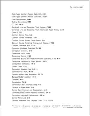 Page 333:(’TL-130700-1001
Code Type Identifier (Record Code OD), D-64
Code Type Identifier (Record Code RN), D-287
Code Type Number, D-81
Coding Conventions, D-21
CO Line, D-l 19
Combined Line and Recording Trunk Access, F-186
Combined Line and Recording Trunk Hookswitch Flash Timing, D-275
Comm I, F-57
Common Control Files, 
1-51Common Control Hardware, S-67
Common Control Printed Circuit Board, S-40
Common Control Switching Arrangement Access, F-192
Complex Low-Level Bus, S-128
Computing Hardware Quantities,...