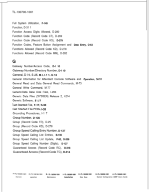 Page 342TL-130700-1001Full System Utilization, F-149
Function, D-31 1
Function Access Digits Allowed, D-280
Function Code (Record Code CT), D-269
Function Code (Record Code KS), 
D-279
Function Codes, Feature Button Assignment and Data Entry, O-63
Functions Allowed (Record Code KD), D-278
Functions Allowed (Record Code MM), D-282
Gateway Number/Access Code, 
D-1 10Gateway Number/Directory Number, D-l 10
General, D-l 9, S-25, M-l, I-1 1, O-13
General Information for Attendant Console Software and Operation,...