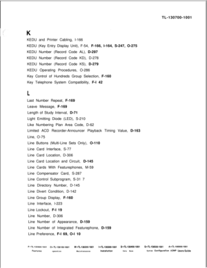 Page 345TL-130700-1001
KEDU and Printer Cabling, l-166
KEDU (Key Entry Display Unit), F-54, F-166, l-164, S-247, O-275
KEDU Number (Record Code AL), D-297
KEDU Number (Record Code KD), D-278
KEDU Number (Record Code KS), D-279
KEDU Operating Procedures, O-286
Key Control of Hundreds Group Selection, F-160
Key Telephone System Compatibility, F-l 42LLast Number Repeat, F-169
Leave Message, F-169
Length of Study Interval, D-71
Light Emitting Diode (LED), S-210
Like Numbering Plan Area Code, D-62
Limited ACD...