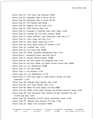 Page 357TL-130700-1001
Record Code DA: Trunk Group Digit Absorption, D-217
Record Code DC: Displayable Class of Service, D-l 14
Record Code DD: Displayable Class of Service, D-l 16
Record Code DF: CPG Defaults Data, D-142
Record Code DK: Repertory Dial Key Code, D-315
Record Code DT: DTMF Receiver Data, D-42
Record Code EC: Expanded or Conflicting Code Check Tables, D-206
Record Code ED: Extended Dial Call Pickup Numbers, D-138
Record Code FA: Facility Restriction Level Authorization Code Data, D-77
Record Code...