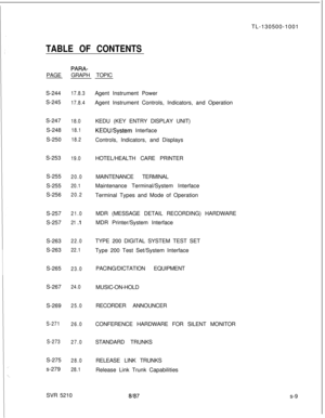 Page 387TL-130500-1001TABLE OF CONTENTS
PARA-PAGEGRAPH TOPIC
S-244
17.8.3S-245
17.8.4S-247
18.0S-248
18.1S-250
18.2S-253
19.0S-255
20.0S-255
20.1S-256
20.2S-257
21.0S-257
21 .lS-263
22.0S-263
22.1S-265
23.0S-267
24.0S-269
25.0
S-271
26.0
S-273
27.0S-275
28.0s-279
28.1SVR 5210Agent Instrument Power
Agent Instrument Controls, Indicators, and Operation
KEDU (KEY ENTRY DISPLAY UNIT)
KEDU/System Interface
Controls, Indicators, and Displays
HOTEL/HEALTH CARE PRINTER
MAINTENANCE TERMINAL
Maintenance Terminal/System...