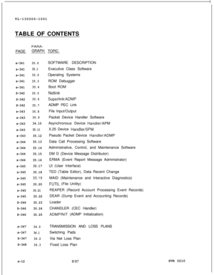 Page 390TL-130500-1001
TABLE OF CONTENTSPARA-PAGEGRAPH
s-34135.0
s-34135.1
s-34135.2
s-34135.3
s-34135.4
S-34235.5
S-34235.6
S-34235.7
s-34335.8
s-34335.9
s-34334.10
s-343
35.11
s-34335.12
s-34435.13
s-34435.14
s-34435.15
s-34435.16
s-34535.17
s-34535.18
s-345
35.19
s-34535.20
s-345
35.21
s-34535.22
S-34635.23
S-34635.24
S-34635.25
s-347
36.0
s-34736.1
S-34736.2
S-34836.3TOPIC
SOFTWARE DESCRIPTION
Executive Class Software
Operating Systems
ROM Debugger
Boot ROM
Netlink
SuperlinkiADMPADMP PEC Link
File...