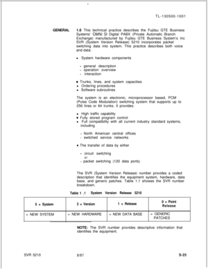 Page 403-TL-130500-1001
GENERAL1.0 This technical practice describes the Fujitsu GTE Business
Systems’ 
OMNI SI Digital PABX (Private Automatic Branch
Exchange) manufactured by Fujitsu GTE Business System’s Inc
SVR (System Version Release) 5210 incorporates packet
switching data into system. This practice describes both voice
and data:
l System hardware components
- general description
- operation overview
- interaction
o Trunks, lines, and system capacities
l Ordering procedures
l Software subroutines
The...