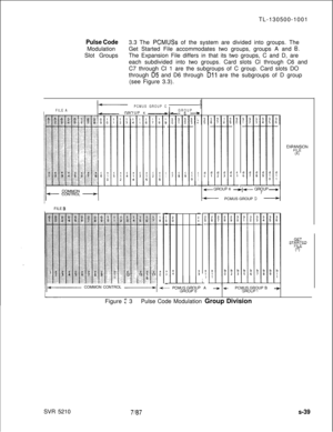 Page 417TL-130500-1001Pulse Code3.3 The PCMUSs of the system are divided into groups. The
ModulationGet Started File accommodates two groups, groups A and 
8.Slot GroupsThe Expansion File differs in that its two groups, C and D, are
each subdivided into two groups. Card slots Cl through C6 and
C7 through Cl 1 are the subgroups of C group. Card slots DO
through 
05 and D6 through Dll are the subgroups of D group
(see Figure 3.3).
I
I-PCMUS GROUP C-Ic
,
4
;1
-2
4
-
5
I-
GROUPIFILE AI-‘UP 4 -.
b
c1
-
!i-
a
2
-
-...