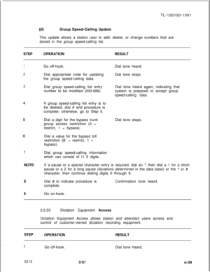 Page 43TL-130100-1001WGroup Speed-Calling Update
This update allows a station user to add, delete, or change numbers that are
stored in the group speed-calling list.
STEPOPERATIONRESULT
1
2Go off-hook.
Dial appropriate code for updating
the group speed-calling data.
3Dial group speed-calling list entry
number to be modified (000-999).Dial tone heard.
Dial tone stops.
Dial tone heard again, indicating that
system is prepared to accept group
speed-calling data.
If group speed-calling list entry is to
be deleted,...