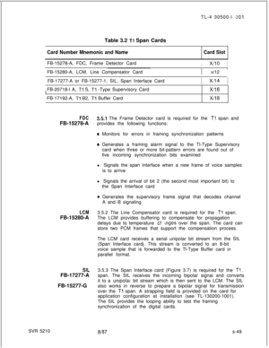 Page 427TL-4 30500-l 901Table 3.2 
Tl Span Cards
Card Number Mnemonic and NameCard SlotFB-15278-A, FDC, Frame Detector Card
iX/l0iFB-15280-A, LCM, Line Compensator Card1 x/12
/  FB-17277-A or FB-15277-1, SIL, Span Interface Card
Ixi14II  FB-20718-l A, 
Tl S, 11 -Type Supervisory Card
IX/16(  FB-17192-A, 
Tl B2, Tl Buffer CardXl18SVR 5210
FDC3.51 The Frame Detector card is required for the Tl span and
FB-15278-Aprovides the following functions:
* Monitors for errors in framing synchronization patterns
e Generates...