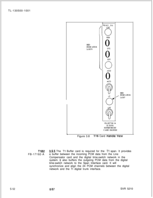 Page 430TL-130500-1001
RED
INDICATORLAMPSFB-2071 B-A
LOC
IOREM0
SYS0
RPF
,O
AC00
AC0
9
LP
ON
LPTRED
/INDICATORLAMP
FB-20718-1ATl-TYPE
SUPERVISORY
CARD HANDLE
L
Figure 3.8
TlS Card Handle View
TlB23.55 The Tl Buffer card is required for the Tl span. It provides
FB-17192-Aa buffer between the incoming PCM data from the Line
Compensator card and the digital time-switch network in the
system. 
It also buffers the outgoing PCM data from the digital
time-switch network to the Span Interface card. It will
synchronize...