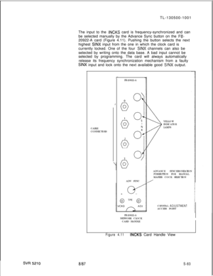 Page 461TL-130500-1001
The input to the INCKS card is frequency-synchronized and can
be selected manually by the Advance Sync button on the 
FB-20922-A card (Figure 4.11). Pushing the button selects the next
highest 
SINX input from the one in which the clock card is
currently locked. One of the four 
SINX channels can also be
selected by writing onto the data base. A bad input cannot be
selected by programming. The card will always automatically
release its frequency synchronization mechanism from a faulty
SINX...