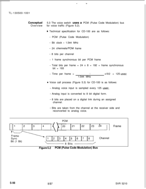 Page 476-iITL-130500-1001
Conceptual5.3 The voice switch uses a PCM (Pulse Code Modulation) bus
Overviewfor voice traffic (Figure 5.2).
* Technical specification for CD-100 are as follows:
- PCM (Pulse Code Modulation)
- Bit clock - 1.544 MHz
- 24 channels/PCM frame
- 8 bits per channel
- 1 frame synchronous bit per PCM frame
- Total bits per frame = 24 x 8 = 192 + frame synchronous
bit = 193
- Time per frame =1xl92 =125 usec1.544 MHz
e Voice call process (Figure 5.3) for CD-100 is as follows:
- Analog voice...