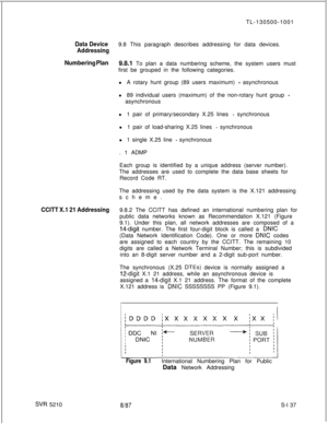 Page 515TL-130500-1001Data Device9.8 This paragraph describes addressing for data devices.
Addressing
Numbering Plan9.8.1 To plan a data numbering scheme, the system users must
first be grouped in the following categories.
l A rotary hunt group (89 users maximum) 
- asynchronous
l 89 individual users (maximum) of the non-rotary hunt group 
-asynchronous
l 1 pair of primary/secondary X.25 lines 
- synchronous
l 1 pair of load-sharing X.25 lines 
- synchronous
l 1 single X.25 line 
- synchronous
. 1 ADMP
Each...