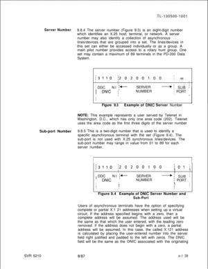 Page 517TL-130500-1001Server Number9.8.4 The server number (Figure 9.3) is an eight-digit number
which identifies an X.25 host, terminal, or network. A server
number may also identify a collection of asynchronous
lines/devices that are grouped into a set. The lines/devices in
this set can either be accessed individually or as a group. A
main pilot number provides access to a rotary hunt group. One
set may contain a maximum of 89 terminals in the PD-200 Data
System.
i3110j20200100; xx jIIIII1
i DDCNI i+-SERVER-i...