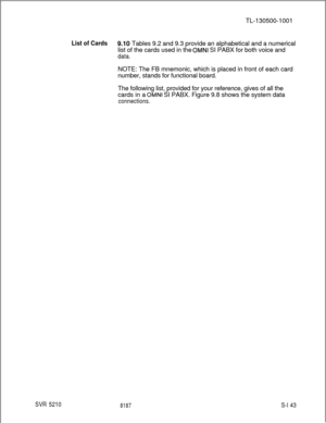 Page 521SVR 5210TL-130500-1001
List of Cards9.10 Tables 9.2 and 9.3 provide an alphabetical and a numerical
list of the cards used in the 
OMNI SI PABX for both voice and
data.NOTE: The FB mnemonic, which is placed in front of each card
number, stands for functional board.
The following list, provided for your reference, gives of all the
cards in a 
OMNI SI PABX. Figure 9.8 shows the system data
connections.
8187S-l 43 