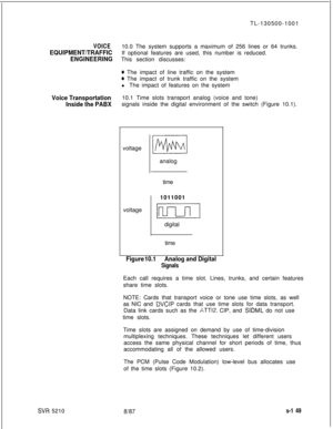 Page 527TL-130500-1001VOICE10.0 The system supports a maximum of 256 lines or 64 trunks.
EQUIPMENT/TRAFFICIf optional features are used, this number is reduced.
ENGINEERINGThis section discusses:
0 The impact of line traffic on the system
* The impact of trunk traffic on the system
l The impact of features on the system
Voice Transportation10.1 Time slots transport analog (voice and tone)
Inside the PABXsignals inside the digital environment of the switch (Figure 10.1).
SW 5210voltage
voltageanalog
time
1011001...