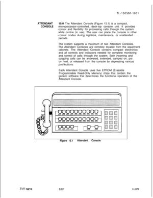 Page 587SVR 5210TL-130500-1001
ATTENDANT15.0 The Attendant Console (Figure 15.1) is a compact,
CONSOLEmicroprocessor-controlled, desk-top console unit. It provides
control and flexibility for processing calls through the system
while on-line (in use). The user can place the console in other
control modes during nightime, maintenance, or unattended
periods.
The system supports a maximum of two Attendant Consoles.
The Attendant Consoles are remotely located from the equipment
cabinets. The Attendant Console...