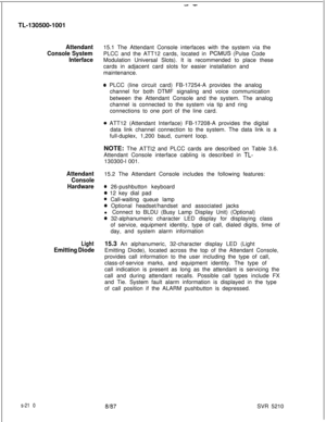 Page 588--TL-130500-1001
Attendant
Console System
Interface
Attendant
Console
Hardware
Light
Emitting Diode15.1 The Attendant Console interfaces with the system via the
PLCC and the ATT12 cards, located in 
PCtvlUS (Pulse Code
Modulation Universal Slots). It is recommended to place these
cards in adjacent card slots for easier installation and
maintenance.
0 PLCC (line circuit card) FB-17254-A provides the analog
channel for both DTMF signaling and voice communication
between the Attendant Console and the...