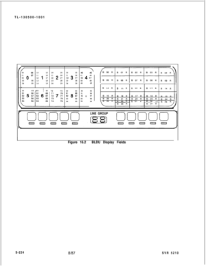 Page 602TL-130500-1001/00051015202501020:;11162126
1211722227
030813182328
040914192429
50I 
I 70 75 55 60653035
40313632 3 37414642 4 4733384348
34394449
8085
::8it
8388
848990959196
92g97
9398
94
99
B 10 R6 11 RB 12 RB 13 RB 14 t-3
B 27R28I? 6aRLINE GROUP
Figure 16.2BLDU Display FieldsS-224
8l87SVR 5210 