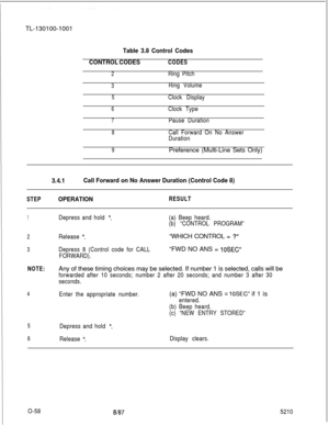 Page 62TL-130100-1001Table 3.8 Control Codes
CONTROL CODES
CODES
2Ring Pitch
3Ring Volume
5Clock Display
6
7Clock Type
Pause Duration
8Call Forward On No Answer
Duration
9Preference (Multi-Line Sets Only)
3.4.1Call Forward on No Answer Duration (Control Code 8)
STEPOPERATIONRESULT
1Depress and hold *.(a) Beep heard.
(b) “CONTROL PROGRAM”
2Release *.“WHICH CONTROL = ?‘I
3
Depress 8 (Control code for CALL
FORWARD).“FWD NO ANS = IOSEC”
NOTE:Any of these timing choices may be selected. If number 1 is selected,...