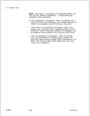 Page 614TL-130500-1001
NOTE: Three types of mini-packets are transmitted between the
DFP and SID (Software Identification).A single twisted pair
multiplexes these mini-packets :* Voice (transparent) mini-packets. These mini-packets carry
only PCM (Pulse Code Modulation) voice samples between the
CODEC in the telephone and the PCM bus in the switch.
l Voice control (non-transparent) mini-packets. These 
mini-packets carry instrument control messages between the ICP
(Instrument Control Processing) software in the...