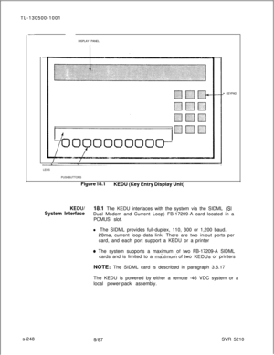 Page 626TL-130500-1001
DISPLAY PANEL- KEYPAD
I
LEDS
PUSHBUTTONS
Figure 18.1
KEDU (Key Entry Display Unit)
KEDUI18.1 The KEDU interfaces with the system via the SIDML (SI
System InterfaceDual Modem and Current Loop) FB-17209-A card located in a
PCMUS slot.
l The SIDML provides full-duplex, 110, 300 or 1,200 baud.
20ma, current loop data link. There are two in/out ports per
card, and each port support a KEDU or a printer
8 The system supports a maximum ,of two FB-17209-A SIDML
cards and is limited to a 
ma’ximum...