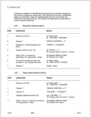 Page 66TL-130100-1001
Preference selection is intended to be dynamic and constantly changing as
the lines are made busy and go idle. The choosing of a line by a preference
feature is intended to mean its “predesignation for use” if and when the
instrument user goes off-hook. This should not imply either a reservation of
a line or seizure of the line.
3.4.6
Ring Pitch (Control Code 2)
STEPOPERATIONRESULTDepress and hold *.
Release *.Depress 2. (Control program for
pitch.)
Depress desired tone (l-8).
Adjust pitch...