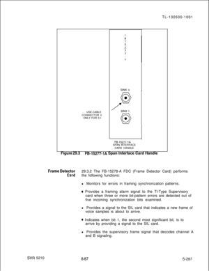 Page 665SW 5210USE CABLE
CONNECTOR 0
ONLY FOR S ITL-130500-1001
F
SINX 0
FB-15277-1ASPAN INTERFACE
CARD HANDLE
Figure 29.3FB-15277-1A Span Interface Card Handle
Frame Detector29.3.2 The FB-15278-A FDC (Frame Detector Card) performs
Cardthe following functions:
l Monitors for errors in framing synchronization patterns.
0 Provides a framing alarm signal to the Tl-Type Supervisory
card when three or more bit-pattern errors are detected out of
five incoming synchronization bits examined.
l Provides a signal to the...