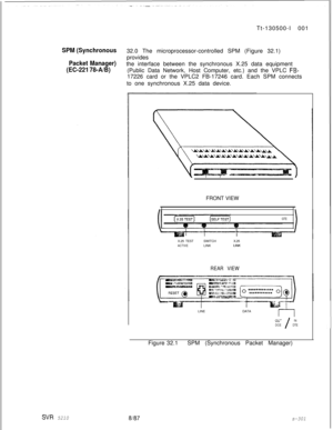 Page 679Tt-130500-I 001SPM (Synchronous32.0 The microprocessor-controlled SPM (Figure 32.1)
provides
Packet Manager)the interface between the synchronous X.25 data equipment
(EC-221 78-A/B)(Public Data Network, Host Computer, etc.) and the VPLC FB-17226 card or the VPLC2 FB-17246 card. Each SPM connects
to one synchronous X.25 data device.
SVR 5210FRONT VIEW
GTEX.25 TESTSWITCHX.25
ACTIVELINKLINK
REAR VIEW
-*“-t-------~~LINEDATA
r-7OUT
I
!N
DCEDTEI
Figure 32.1SPM (Synchronous Packet Manager)
8i87s-301 