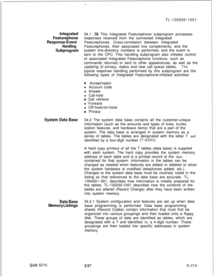 Page 697Integrated
Featurephone
Response-Event
Handling
Subprogram
System Data Base
Data Base
Memory Listings
SW 5210TL-130500-1001
34.1 
.16 This Integrated Featurephone subprogram processes
responses received from the connected Integrated
Featurephones. Cross-correlation between Integrated
Featurephones, their associated line complements, and the
system line-directory numbers is performed, and the event is
sent to the CPU. This handling subprogram also initiates control
of associated Integrated Featurephone...