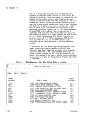 Page 700TL-130500-1001
The use of T tables by the system CPU now becomes more
apparent. As described earlier, the line and trunk circuits are
scanned by the MPB85 cards in the same file; therefore, the card
position and file must be known in order to perform the scan
routines for lines and trunks. The CPU processes all calls using
software IDS. When a request for service is detected during a
scan, the system receives sensing data, which is then compared
with data in the T tables as a means of searching for a...