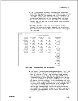 Page 709 r
SVR 5210TL-130500-1001
l The CPU accesses the control memory of the subscriber’s
time slot and prepares to write an information memory address
into control memory. The address now in control memory is
one of the special, extra information memory addresses that
contains the quiet code. For this particular case (dial tone),
the control memory must contain the address of information
memory that has dial tone (another special, extra information
memory address).e The CPU, therefore, writes into the...