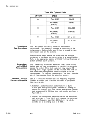 Page 742TL-130500-1001
Table 36.4 Optional Pads
IOPTION 1CABLEIFEETI
CIType 4162I321 to 550IIIIIGTS-8510351 to 650
(GT-16)
Transmission36.8
Test ProceduresAll systems are factory tested for transmission
performance. This paragraph provides a description of the
test procedures that are to be used if there is a need to make
transmission tests on the systems.
The path to be tested may be set up by using the available
test panels or by dialing up the connection in a normal fashion.
Refer to the appropriate section...