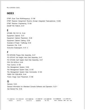 Page 756TL-130500-1001INDEXDTMF (Dual Tone Multifrequency), S-158
DTMF Receiver Assignment Routine (Except Integrated Featurephone), S-329
DTMF Receiver Engineering, S-160
DVCIP FB-17236-A, S-57
EEPCMN FB-17217-A, S-44
Equipment Cabinet, S-27
Equipment Cabinet Placement, S-28
Equipment Cabinet Cabling, S-28
Example of Proper 
Trafficing, S-30
Expansion File, S-30
Executive Subprogram, S-31 3
F
FD-1070-BA Fl’oppy Disk Assembly, S-47
FD-1070-AY (full height) Hard Disk Assembly, S-47
FD-1070-BD (half height) Hard...