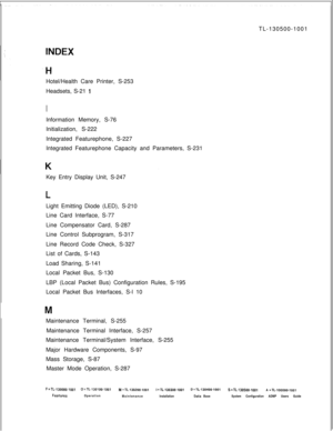 Page 757TL-130500-1001
Hotel/Health Care Printer, S-253
Headsets, S-21 1
IInformation Memory, S-76
Initialization, S-222
Integrated Featurephone, S-227
Integrated Featurephone Capacity and Parameters, S-231
Key Entry Display Unit, S-247
kLight Emitting Diode (LED), S-210
Line Card Interface, S-77
Line Compensator Card, S-287
Line Control Subprogram, S-317
Line Record Code Check, S-327
List of Cards, S-143
Load Sharing, S-141
Local Packet Bus, S-130
LBP (Local Packet Bus) Configuration Rules, S-195
Local Packet...