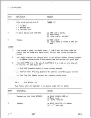Page 78-TL-130100-1001
STEPOPERATIONRESULT
7Enter group type (see note 3).“XXXX 4 3”
1= Full DSS
2= Alternate DSS
3= Call Only DSS
8To store, depress and hold DSS.(a) DSS LED on steady.
(b) Beep heard.
(c) “NEW ENTRY STORED”
9Release.(a) DSS LED off.
(b) Display clears or reverts to time and
date.
NOTES:
1.If the number is invalid, the display shows: XXXX R G with the cursor under the
number field and three error beeps sound. You can then re-enter the directory
number.
2.This display indicates the following:...