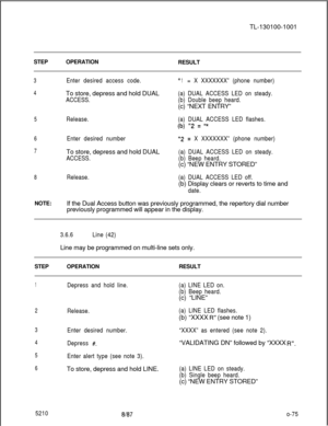 Page 79TL-130100-1001
STEPOPERATION
RESULT3
4
5
6
7
8NOTE:Enter desired access code.To store, depress and hold DUAL
ACCESS.
II1= X XXXXXXX” (phone number)
(a) DUAL ACCESS LED on steady.
(b) Double beep heard.(c) “NEXT ENTRY”
Release.(a) DUAL ACCESS LED flashes.
(b) “2 = “*
Enter desired numberTo store, depress and hold DUAL
ACCESS.
“2 =X XXXXXXX” (phone number)
(a) DUAL ACCESS LED on steady.
(b) Beep heard.(c) “NEW ENTRY STORED”
Release.(a) DUAL ACCESS LED off.(b) Display clears or reverts to time and
date.If...