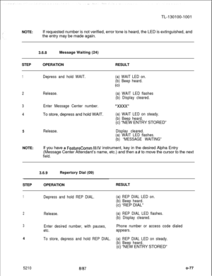 Page 81TL-130100-1001
NOTE:If requested number is not verified, error tone is heard, the LED is extinguished, and
the entry may be made again.
3.6.8Message Waiting (24)
STEPOPERATIONRESULT1Depress and hold WAIT.(a) WAIT LED on.
(b) Beep heard.
(cl
2Release.(a) WAIT LED flashes
(b) Display cleared.
3Enter Message Center number.” XXXX”
4To store, depress and hold WAIT.
(a) WAIT LED on steady.
(b) Beep heard.(c) “NEW ENTRY STORED”
5Release.Display cleared.
(a) WAIT LED flashes.
(b) “MESSAGE WAITING”NOTE:If you...