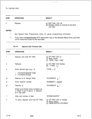 Page 82- -TL-130100-1001
STEPOPERATION
5Release.RESULT(a) REP DIAL LED off.(b) Display clears or reverts to the time
and date.NOTES:
1.See Special Data Programming /Entry for pause programming information.
2.If you have a FeatureComm III/IV instrument, key in the desired Alpha Entry and then
a 
# to move the cursor to the next field.
3.6.10
Special Call Forward (20)
STEPOPERATIONRESULT
1Depress and hold SP FWD.(a) SP FWD LED on.
(b) Beep heard.
(c) “SPEC CALL FWD”
2Release.
3
(a) SP FWD LED flashes.(b) “TYPE =...