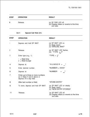 Page 83.: .;. _..._TL-130100-1001
OPERATIONRESULT
9Release.(a) SP FWD LED off.(b) Display clears or reverts to the time
and date
3.6.11Special Call Wait (31)
OPERATIONRESULT
1Depress and hold SP WAIT.(a) SP WAIT LED on.
(b) Beep heard.(c) “SPECIAL WAIT”
2
3
a
9
10
Release.
Enter type (e.g., 1).
1= Wait Only
2= Wait Except
Depress #.“TYPE = 
1”
Enter desired number.“NUMBER = 
-‘I“NUMBER = XXXX”
Depress #.“NUMBER = ”-Enter up to three or more numbers
as in Steps 5 and 6 above or
depress 
# to skip field.After...