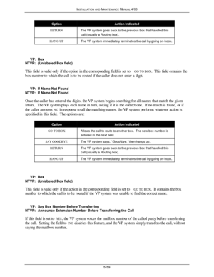 Page 162INSTALLATION AND MAINTENANCE MANUAL 4/005-59OptionAction IndicatedRETURNThe VP system goes back to the previous box that handled this
call (usually a Routing box).HANG UPThe VP system immediately terminates the call by going on-hook.     VP:Box
NTVP:(Unlabeled Box field)
This field is valid only if the option in the corresponding field is set to GO TO BOX.  This field contains the
box number to which the call is to be routed if the caller does not enter a digit.
     VP:If Name Not Found
NTVP:If Name Not...