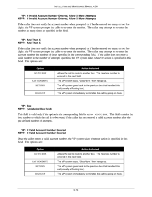 Page 176INSTALLATION AND MAINTENANCE MANUAL 4/005-73     VP:If Invalid Account Number Entered, Allow X More Attempts
NTVP:If Invalid Account Number Entered, Allow X More Attempts
If the caller does not verify the account number when prompted or if he/she entered too many or too few
digits, the VP system prompts the caller to re-enter the number.  The caller may attempt to re-enter the
number as many times as specified in this field.
     VP:And Then X
NTVP:And Then X
If the caller does not verify the account...