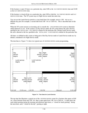 Page 230INSTALLATION AND MAINTENANCE MANUAL 4/007-35If the business is open 24 hours on a particular day, enter 0:00 as the DAY SERVICE BEGINS time and 24:00
as the DAY SERVICE ENDS time.
If the business is closed all day on a particular day, enter 0:00 as both the DAY SERVICE BEGINS and DAY
SERVICE ENDS time.  The VP system stays in Night Service mode that entire day.
You can use the Lunch Service period as a true lunch hour (for example, noon to 1:00 PM) or as a
different day part (for example, a second shift...