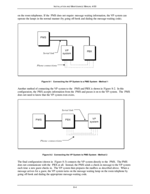 Page 303INSTALLATION AND MAINTENANCE MANUAL 4/008-4on the room telephones. If the PMS does not require message waiting information, the VP system can
operate the lamps in the normal manner (by going off-hook and dialing the message-waiting code).PMSPBXVP
systemSerial linkPhone connectionsFigure 8-1   Connecting the VP System to a PMS System - Method 1
Another method of connecting the VP system to the PMS and PBX is shown in Figure 8-2.  In this
configuration, the PBX accepts information from the PMS and passes...