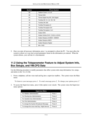 Page 325INSTALLATION AND MAINTENANCE MANUAL 4/0011-4NumberPhone System59Tadiran Coral I, II, & III68Telrad 246464Telrad Digital Key BX, 200 Digital46Toshiba DK-16 / 24 / 56 / 9616Toshiba DK-28026Toshiba Perception E95Toshiba Perception EX57Toshiba Perception I & II87Vodavi DHS43Vodavi Infinite DVX1, DVX2, & DVX348Vodavi Starplus 2448EX / 4896EX58Vodavi Starplus 96EX14Vodavi Starplus Digital62Win 100D5. Once you enter all necessary information, press 1 as prompted to reboot the PC.  You must allow the
system to...