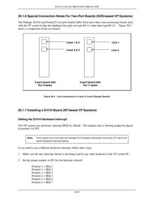 Page 510INSTALLATION AND MAINTENANCE MANUAL 4/0020-920.1.6 Special Connection Notes For Two-Port Boards (DOS-based VP Systems)
The Dialogic D/21D and Proine/2V two-port boards differ from most other voice processing boards used
with the VP system in that the telephone line jacks are type RJ-11 rather than type RJ-14.  Figure 20-5
shows a comparison of the two boards.4-port board withRJ-14 jacksLines 1 & 2Lines 3 & 4Line 1Line 22-port board withRJ-11 jacksFigure 20-5   Line Connections of 4-port & 2-port Dialogic...