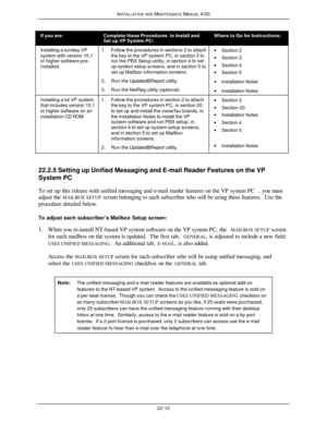Page 539INSTALLATION AND MAINTENANCE MANUAL 4/0022-12If you are:Complete these Procedures  to Install andSet up VP System PC:Where to Go for Instructions:Installing a turnkey VP
system with version 10.1
or higher software pre-
installed.1. Follow the procedures in sections 2 to attach
the key to the VP system PC, in section 3 to
run the PBX Setup utility, in section 4 to set
up system setup screens, and in section 5 to
set up Mailbox information screens.
2. Run the UpdatedBReport utility.
3. Run the NetReg...