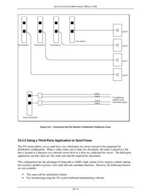 Page 560INSTALLATION AND MAINTENANCE MANUAL 4/0023-13To telephone
system voicemail station portsLine 8 Line 7Line 6Line 5Voice mail boardFax board 1
Fax board 2 Fax board 3 Fax board 4LineLineLineLineLine 4Line 3Line 2Line 1Figure 23-3   Connecting the Fax Boards to Dedicated Telephone Lines
23.4.2 Using a Third-Party Application to Send Faxes
The VP system allows you to send faxes via a third-party fax server instead of the integrated fax
distribution configuration.  When a caller orders one or more fax...