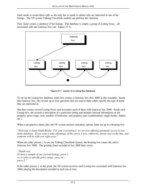 Page 605INSTALLATION AND MAINTENANCE MANUAL 4/0027-2Janet needs to screen these calls so she only has to speak to clients who are interested in one of her
listings.  The VP system Talking Classifieds module can perform this function.
First, Janet creates a database of her listings.  The database is simply a group of Listing boxes, all
associated with one Gateway box (see Figure 27-1).Gateway
box
Listing
box Listing
boxListing
boxListing
boxFigure 27-1   Layout of a Listing Box Database
To set up the Listing box...