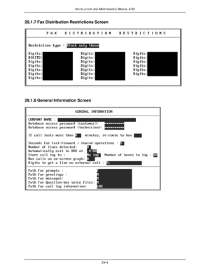 Page 637INSTALLATION AND MAINTENANCE MANUAL 4/0029-429.1.7 Fax Distribution Restrictions Screen29.1.8 General Information Screen 